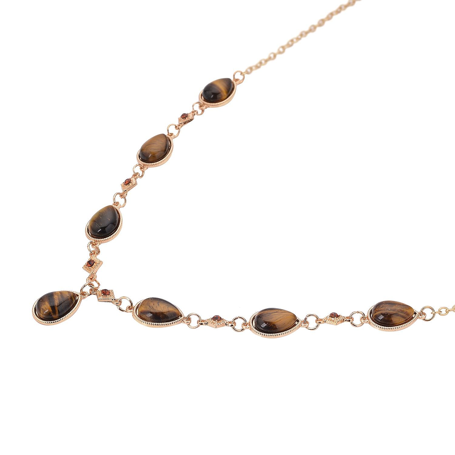 Yellow Tiger's Eye and Brown Austrian Crystal Necklace 20-22 Inches in Goldtone 49.00 ctw