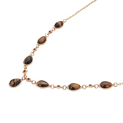 Yellow Tiger's Eye and Brown Austrian Crystal Necklace 20-22 Inches in Goldtone 49.00 ctw