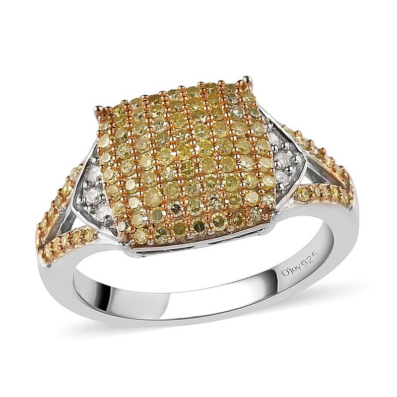 Natural Yellow and White Diamond I3 Cluster Ring in Rhodium and Platinum Over Sterling Silver (Size 10.0) 0.50 ctw
