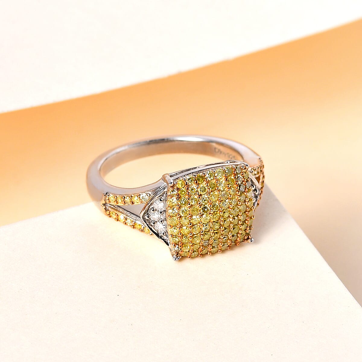 Natural Yellow and White Diamond I3 Cluster Ring in Yellow Rhodium and Platinum Over Sterling Silver 0.50 ctw image number 1