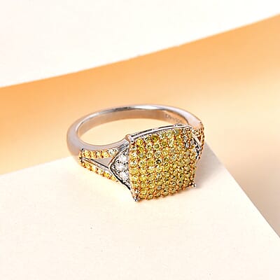Natural Yellow and White Diamond I3 Cluster Ring in Rhodium and Platinum Over Sterling Silver (Size 10.0) 0.50 ctw