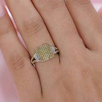 Natural Yellow and White Diamond I3 Cluster Ring in Rhodium and Platinum Over Sterling Silver (Size 10.0) 0.50 ctw
