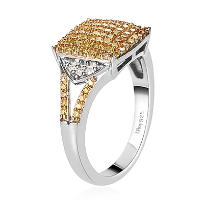 Natural Yellow and White Diamond I3 Cluster Ring in Rhodium and Platinum Over Sterling Silver (Size 10.0) 0.50 ctw