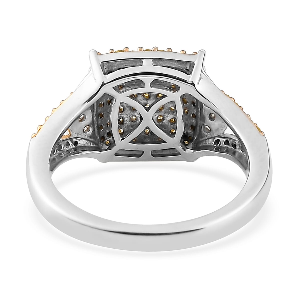 Natural Yellow and White Diamond I3 Cluster Ring in Yellow Rhodium and Platinum Over Sterling Silver 0.50 ctw image number 4