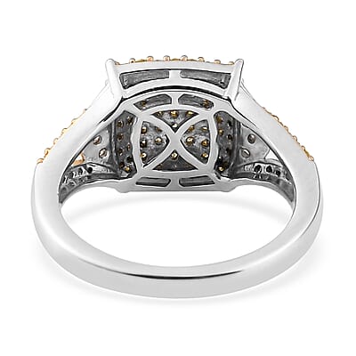 Natural Yellow and White Diamond I3 Cluster Ring in Rhodium and Platinum Over Sterling Silver (Size 10.0) 0.50 ctw