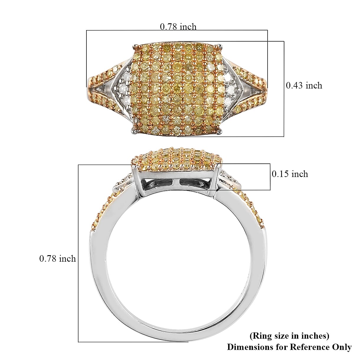 Natural Yellow and White Diamond I3 Cluster Ring in Rhodium and Platinum Over Sterling Silver (Size 10.0) 0.50 ctw