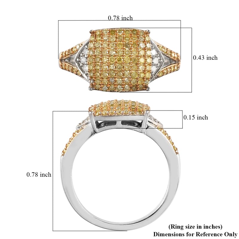 Natural Yellow and White Diamond I3 Cluster Ring in Rhodium and Platinum Over Sterling Silver (Size 10.0) 0.50 ctw