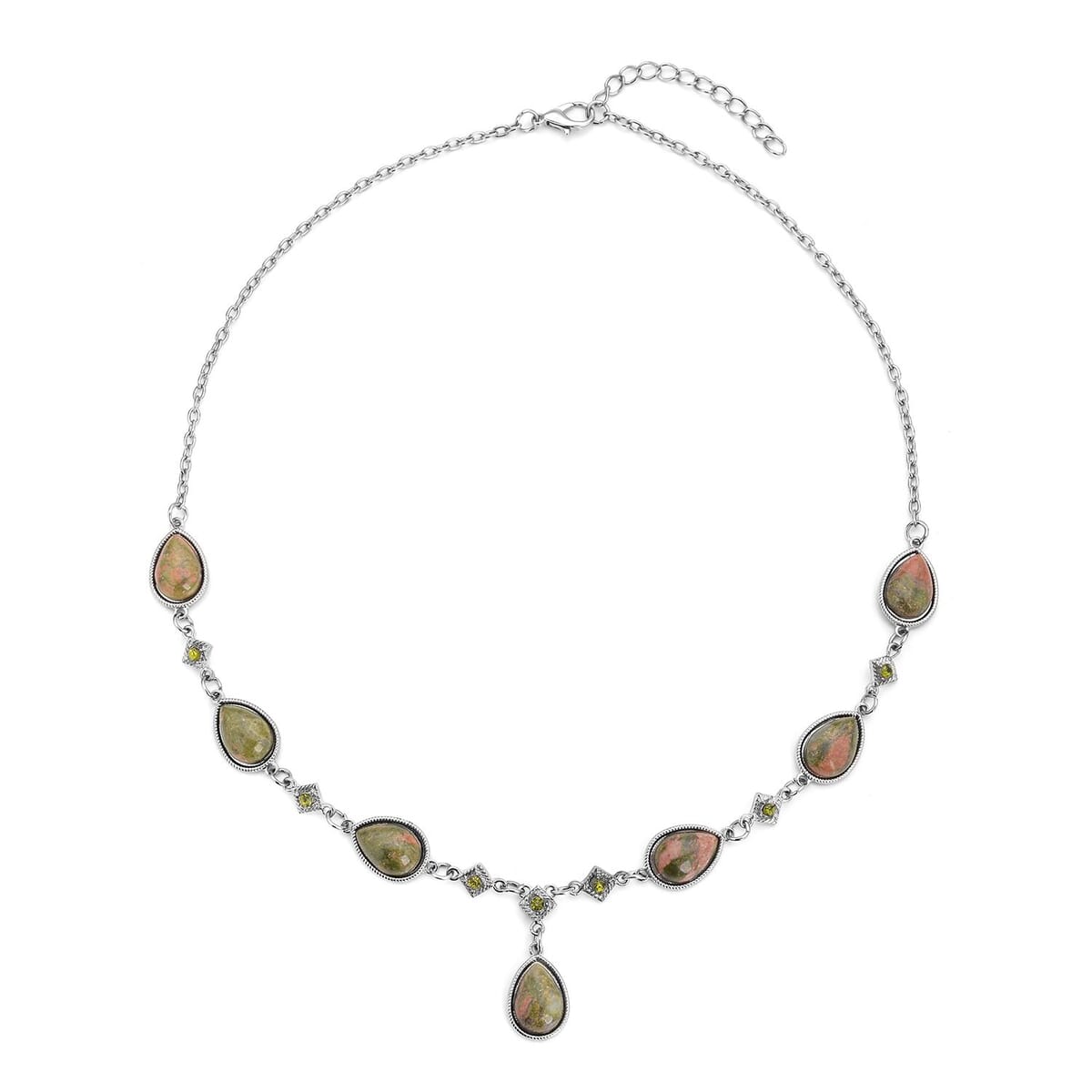 Unakite and Green Austrian Crystal Necklace 20-22 Inches in Silvertone 49.00 ctw image number 0