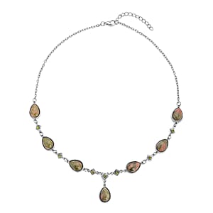 Unakite and Green Austrian Crystal Necklace 20-22 Inches in Silvertone 49.00 ctw