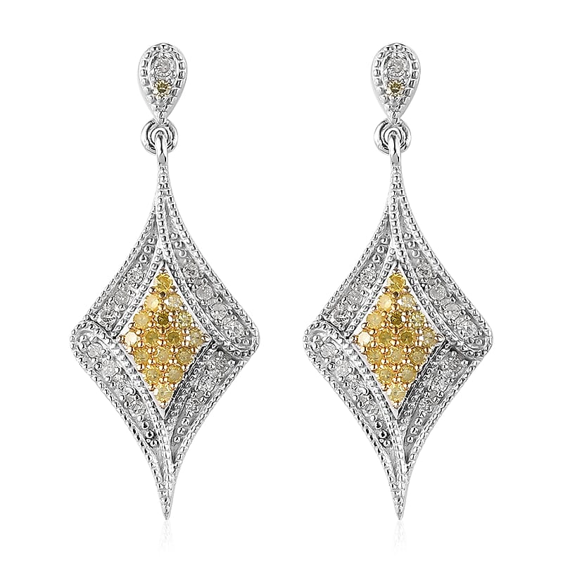Natural Yellow and White Diamond I3 Dangle Earrings in Rhodium and Platinum Over Sterling Silver 0.50 ctw