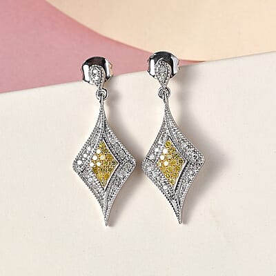 Natural Yellow and White Diamond I3 Dangle Earrings in Rhodium and Platinum Over Sterling Silver 0.50 ctw