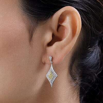 Natural Yellow and White Diamond I3 Dangle Earrings in Rhodium and Platinum Over Sterling Silver 0.50 ctw