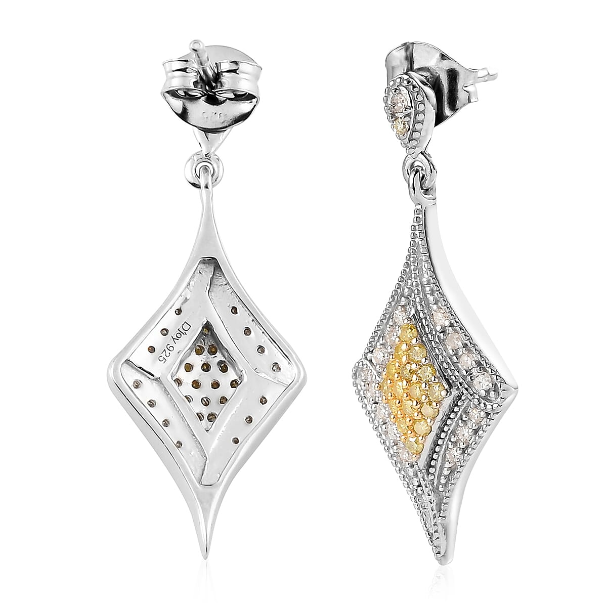 Natural Yellow and White Diamond I3 Dangle Earrings in Rhodium and Platinum Over Sterling Silver 0.50 ctw
