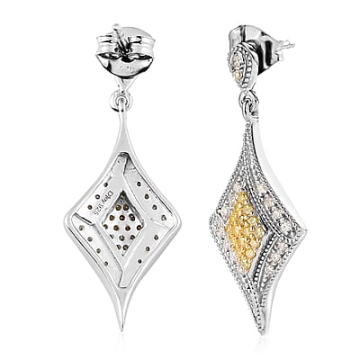 Natural Yellow and White Diamond I3 Dangle Earrings in Rhodium and Platinum Over Sterling Silver 0.50 ctw