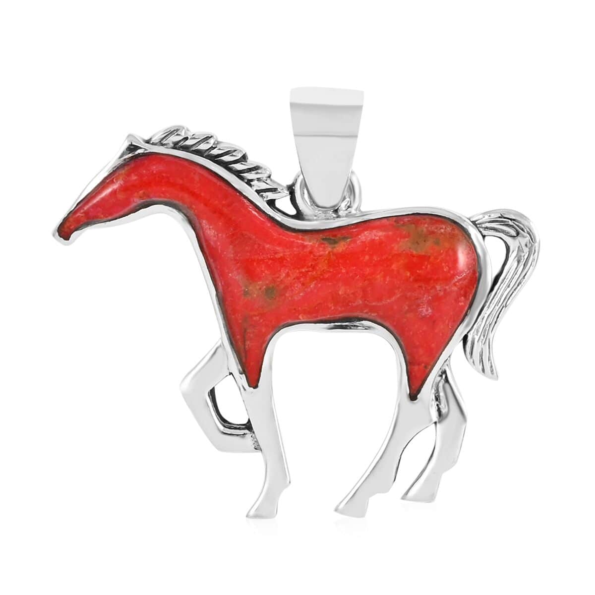 Santa Fe Style Coral Horse Pendant in Sterling Silver image number 0