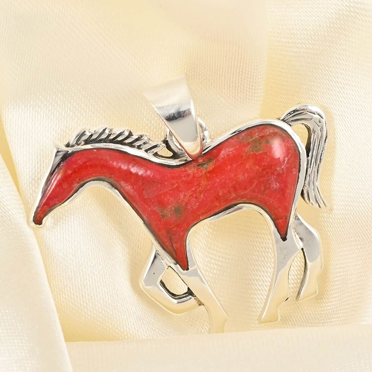 Santa Fe Style Coral Horse Pendant in Sterling Silver image number 1