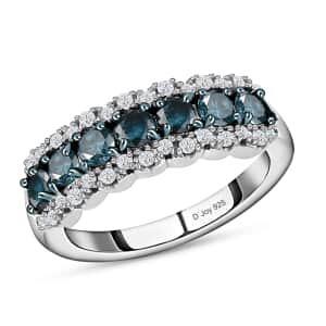 Blue Diamond and Diamond Ring in Rhodium and Platinum Over Sterling Silver (Size 10.0) 1.00 ctw