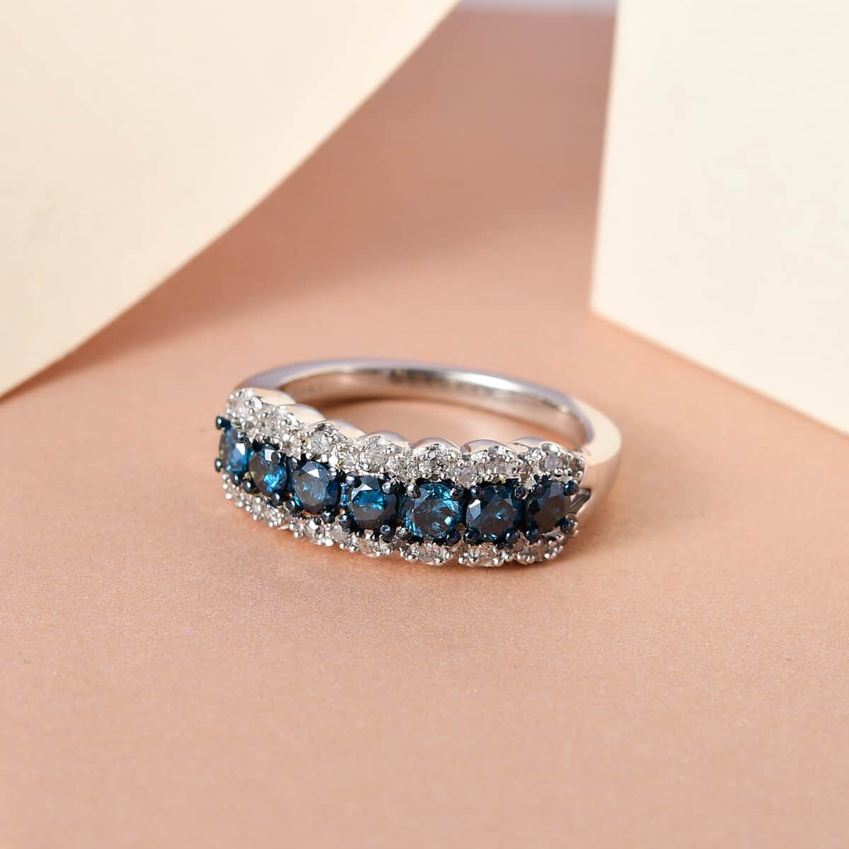 Blue Diamond and Diamond Ring in Rhodium and Platinum Over Sterling Silver (Size 10.0) 1.00 ctw image number 1