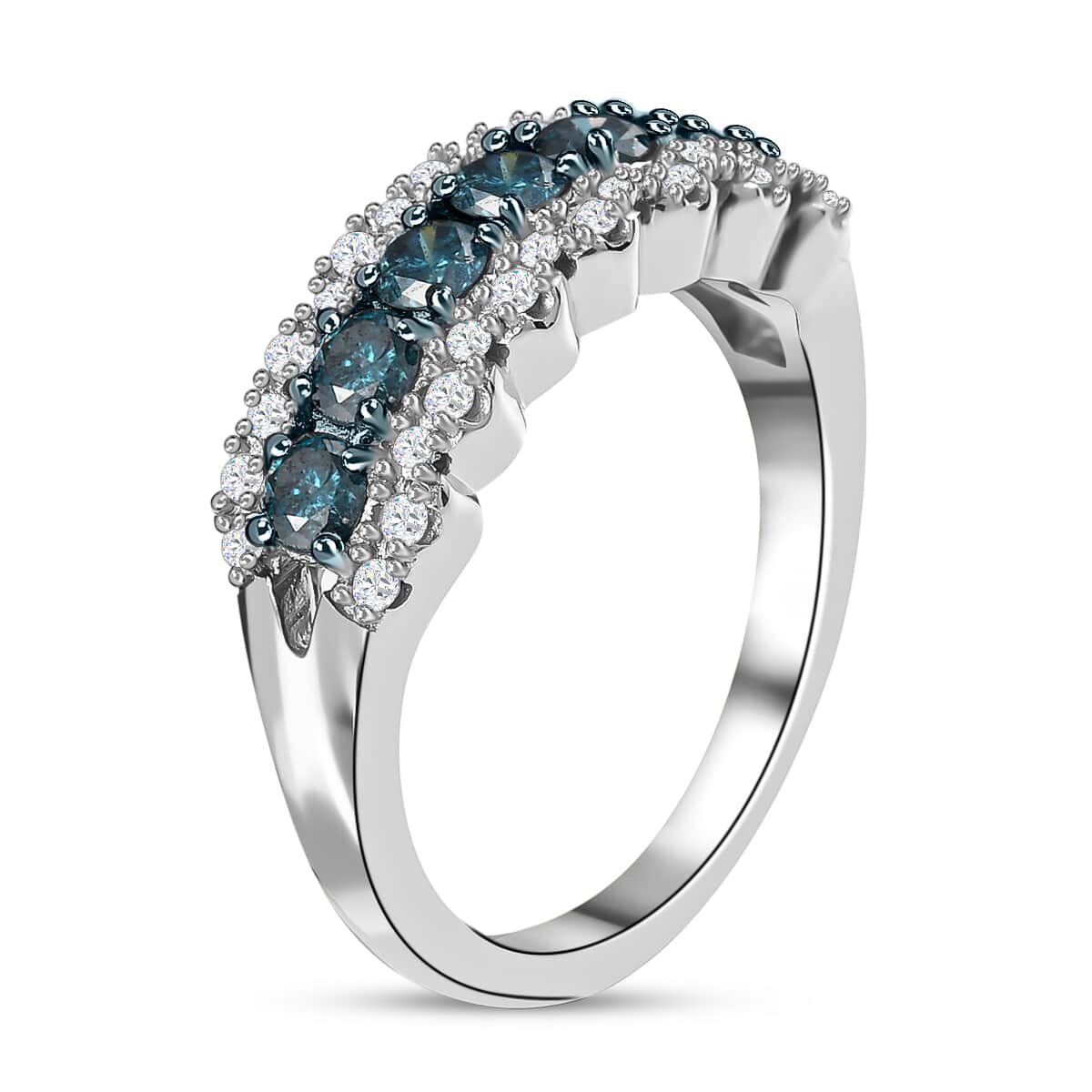 Blue Diamond and Diamond Ring in Rhodium and Platinum Over Sterling Silver (Size 10.0) 1.00 ctw image number 5