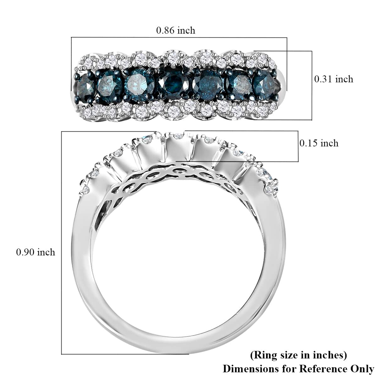 Blue Diamond and Diamond Ring in Rhodium and Platinum Over Sterling Silver (Size 10.0) 1.00 ctw image number 7
