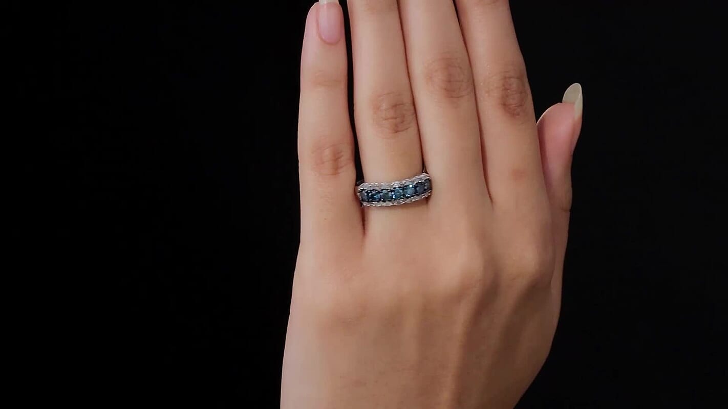 Blue Diamond and Diamond Ring in Rhodium and Platinum Over Sterling Silver (Size 10.0) 1.00 ctw