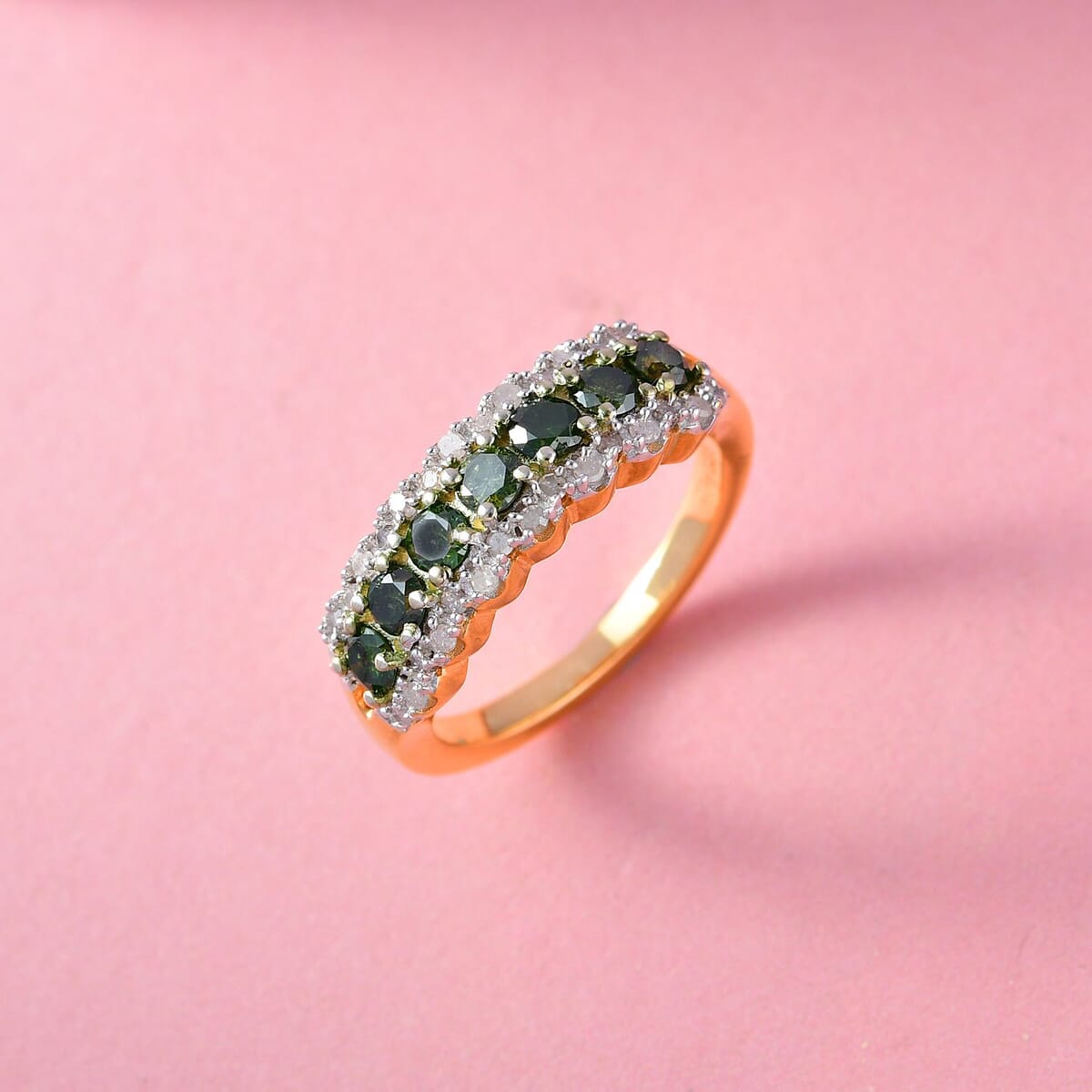 D'Joy Green and White Diamond 1.00 ctw Ring in Vermeil Yellow Gold Over Sterling Silver (Size 7.0) image number 1