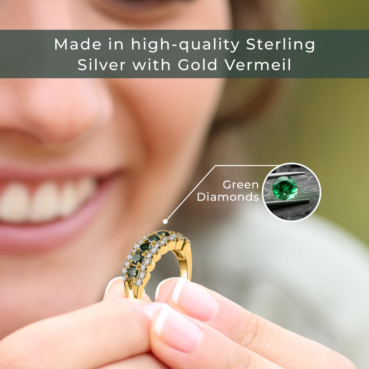 D'Joy Green and White Diamond 1.00 ctw Ring in Vermeil Yellow Gold Over Sterling Silver (Size 7.0) image number 3