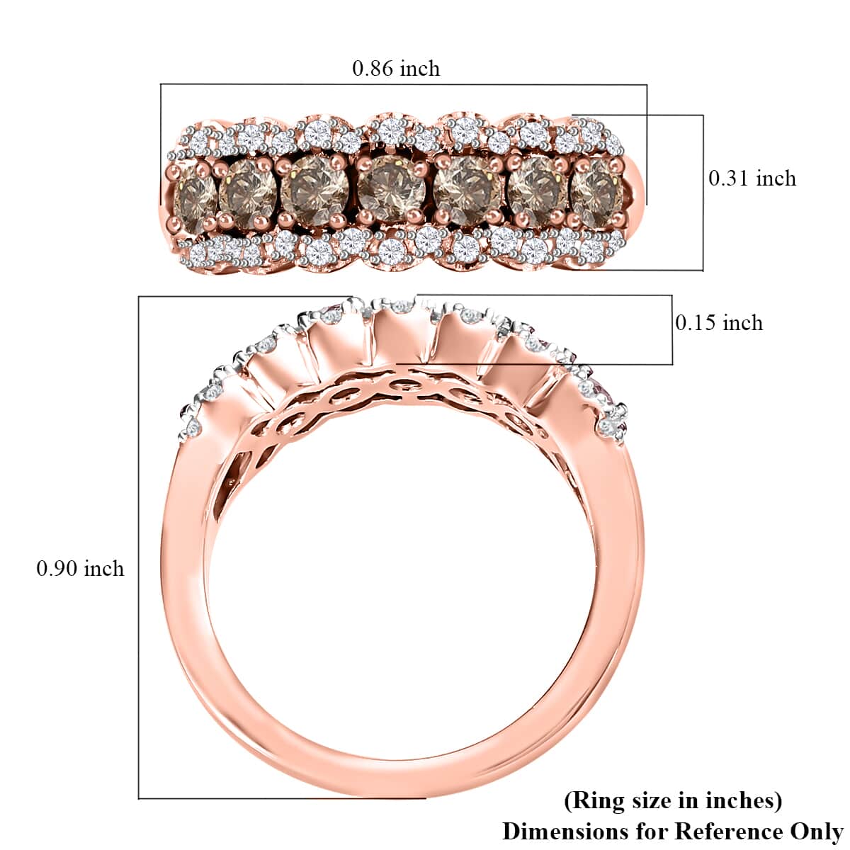 Natural Champagne and White Diamond Ring in Rhodium and Vermeil RG Over Sterling Silver, Wedding Band For Women (Size 10.0) 1.00 ctw image number 7