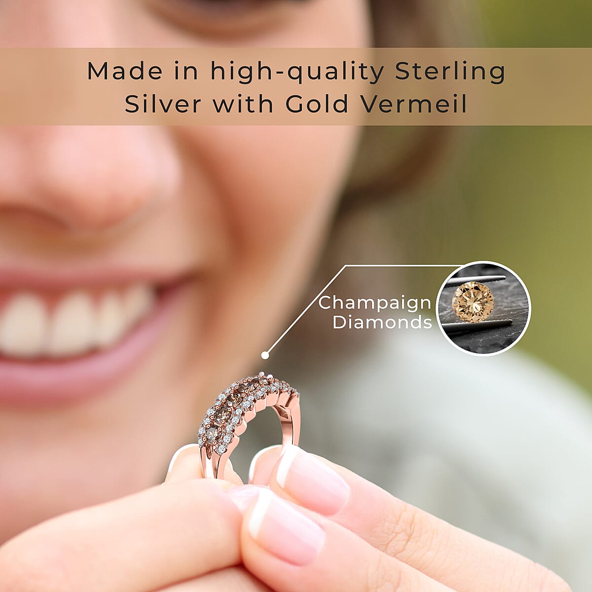 D'Joy Natural Champagne and White Diamond 1.00 ctw Ring in Rhodium and Vermeil Rose Gold Over Sterling Silver (Size 7.0) image number 3