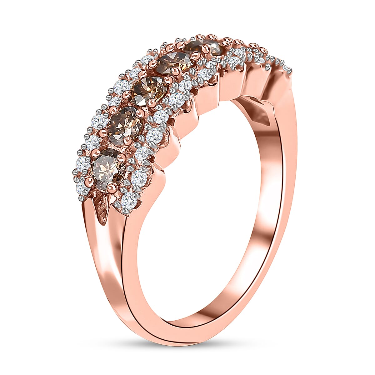 D'Joy Natural Champagne and White Diamond 1.00 ctw Ring in Rhodium and Vermeil Rose Gold Over Sterling Silver (Size 7.0) image number 5