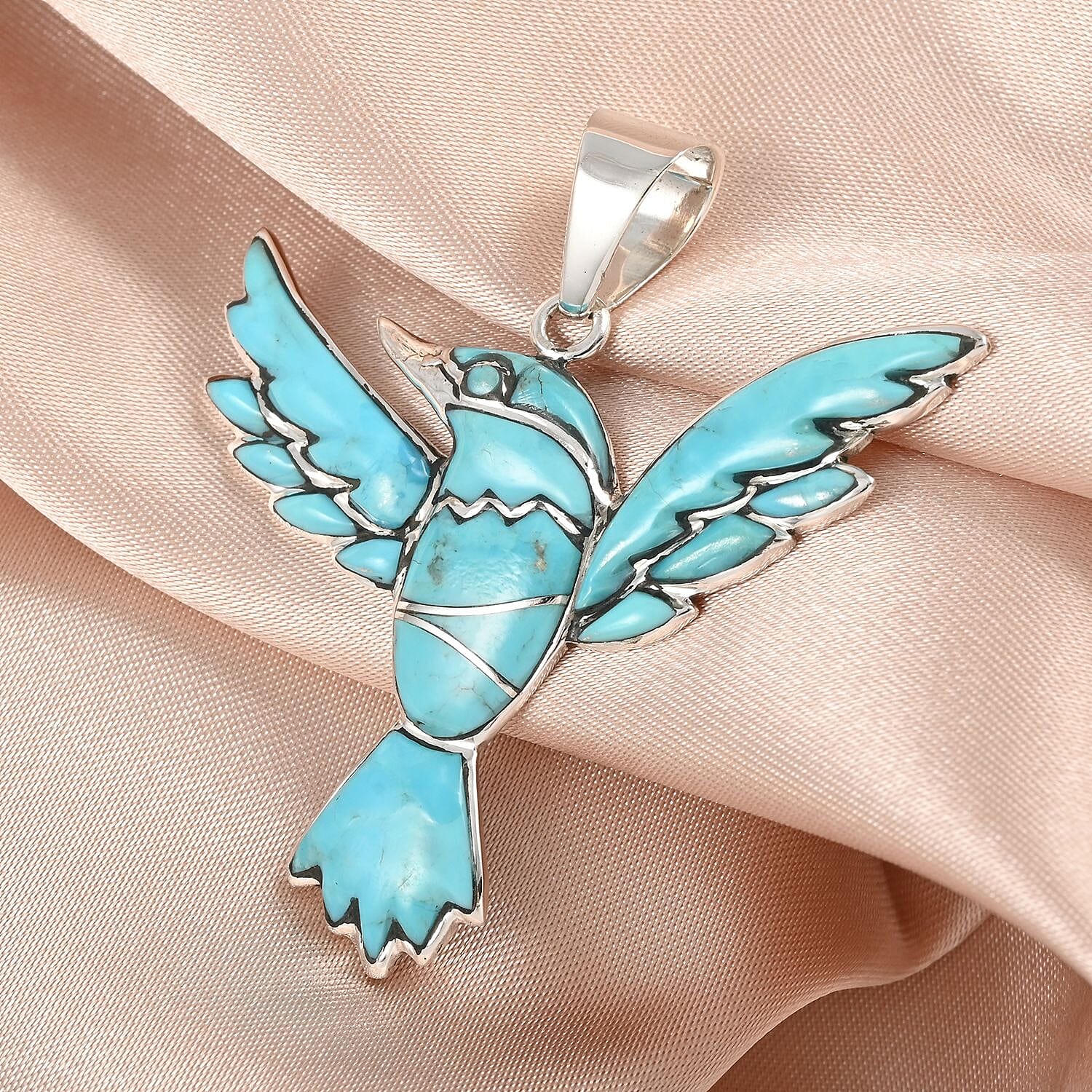 Santa Fe Style Kingman Turquoise Bird Pendant in Sterling Silver 3.90 ctw