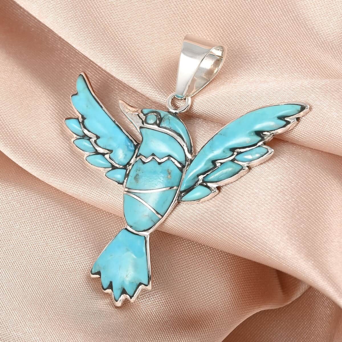 SANTA FE Style Kingman Turquoise Bird Pendant in Sterling Silver 3.90 ctw image number 1