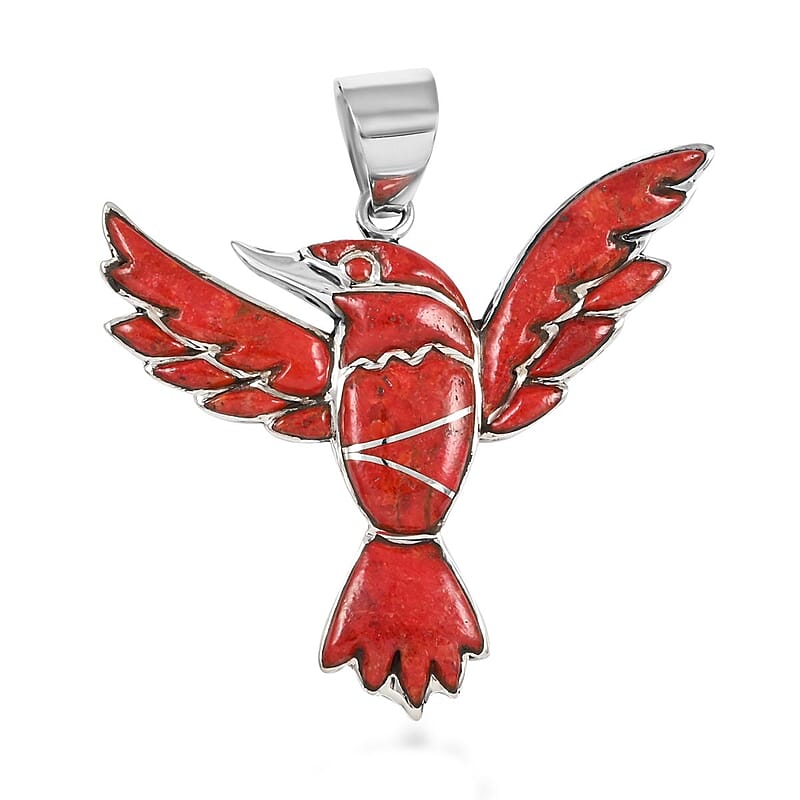 Santa Fe Style Coral Bird Pendant in Sterling Silver