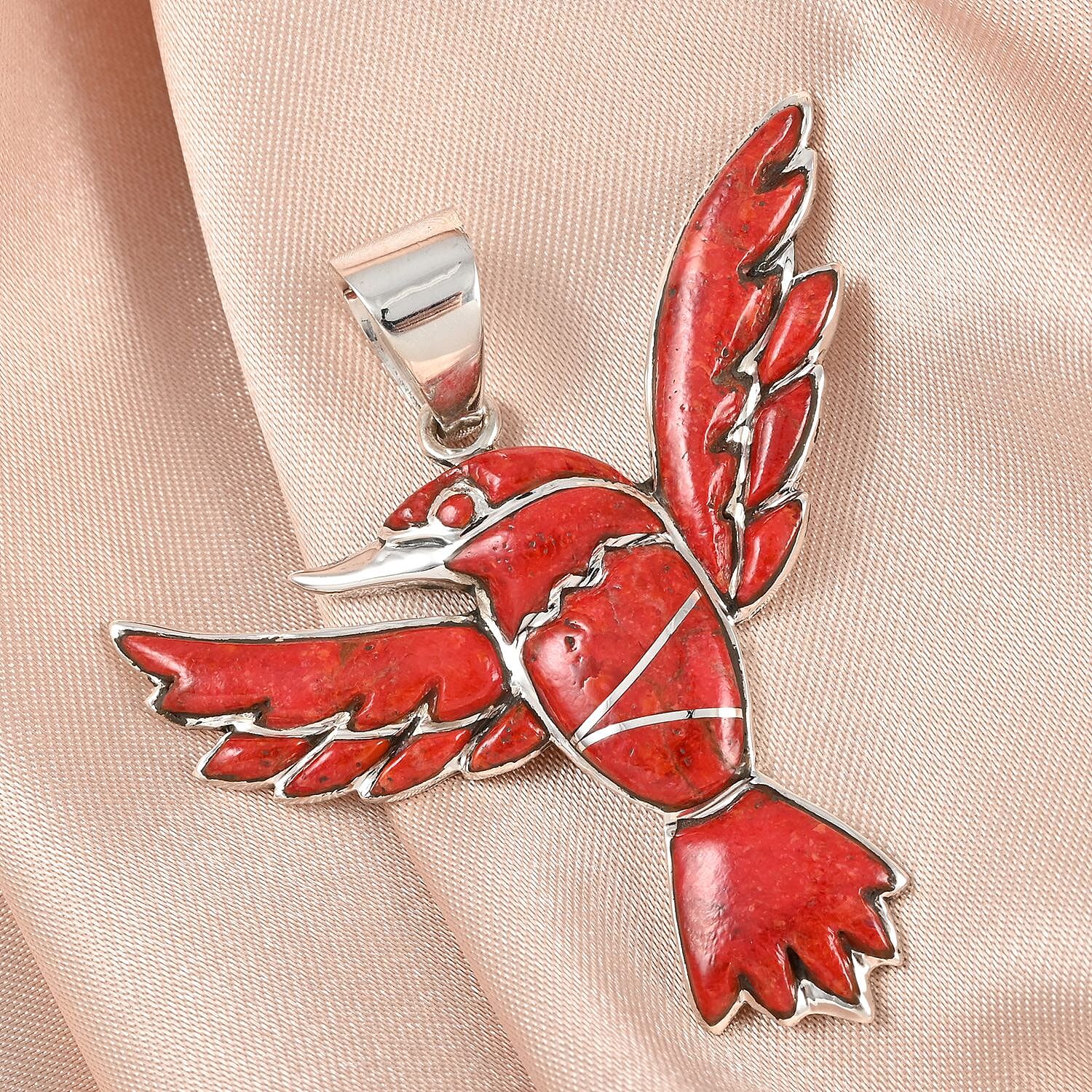Santa Fe Style Coral Bird Pendant in Sterling Silver