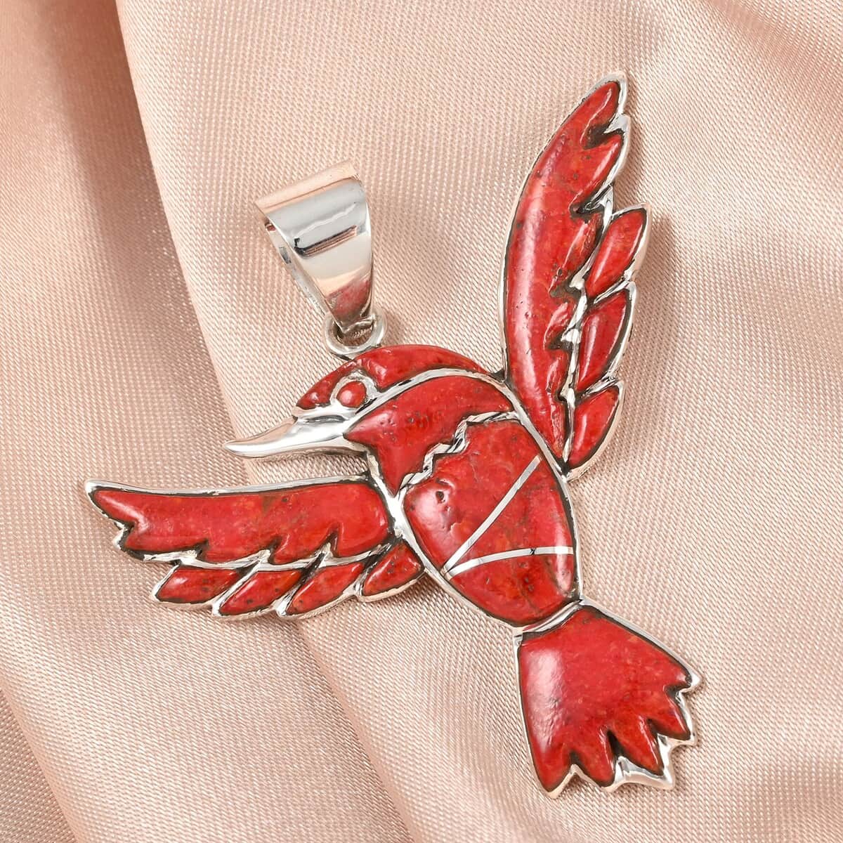 SANTA FE Style Coral Bird Pendant in Sterling Silver image number 1