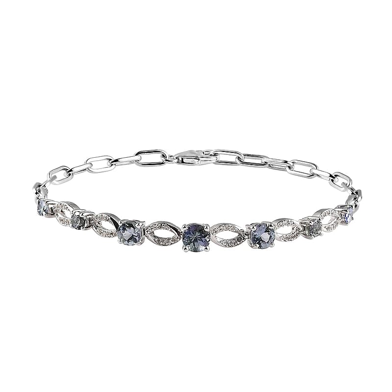 Peacock Tanzanite and Natural White Zircon Paper Clip Chain Bracelet in Platinum Over Sterling Silver (7.25 In) 2.75 ctw