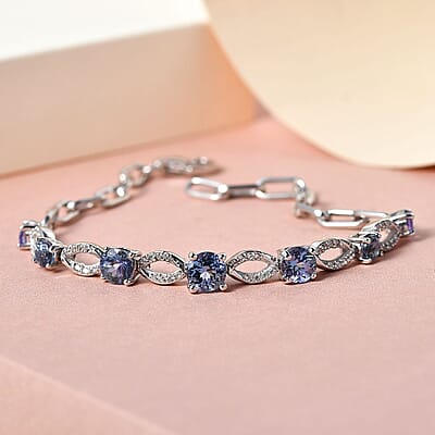 Peacock Tanzanite and Natural White Zircon Paper Clip Chain Bracelet in Platinum Over Sterling Silver (7.25 In) 2.75 ctw
