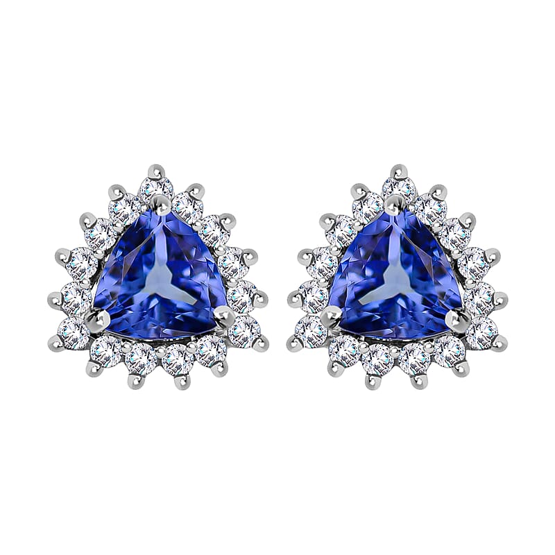 Peacock Tanzanite White Zircon Stud Earrings in Platinum Over Sterling Silver, Sunburst Earrings, Solitaire Studs 1.25 ctw