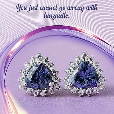 Peacock Tanzanite White Zircon Stud Earrings in Platinum Over Sterling Silver, Sunburst Earrings, Solitaire Studs 1.25 ctw