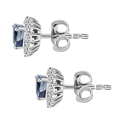 Peacock Tanzanite White Zircon Stud Earrings in Platinum Over Sterling Silver, Sunburst Earrings, Solitaire Studs 1.25 ctw