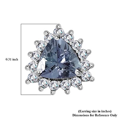 Peacock Tanzanite White Zircon Stud Earrings in Platinum Over Sterling Silver, Sunburst Earrings, Solitaire Studs 1.25 ctw