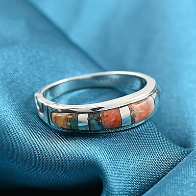 Santa Fe Style Spiny Turquoise Band Ring in Sterling Silver (Size 7.0) 0.30 ctw