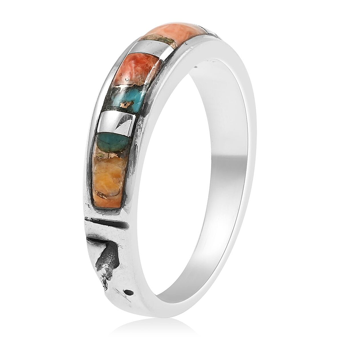 Santa Fe Style Spiny Turquoise Band Ring in Sterling Silver (Size 7.0) 0.30 ctw image number 3