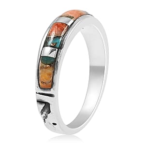 Santa Fe Style Spiny Turquoise Band Ring in Sterling Silver (Size 7.0) 0.30 ctw