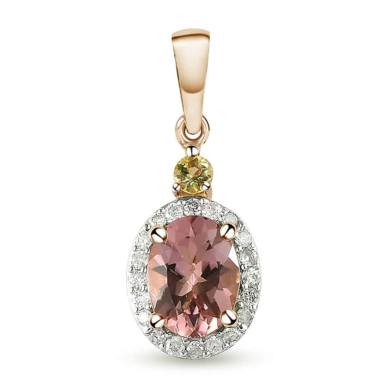 Luxoro 10K Rose Gold Premium Natural Blush and Canary Tourmaline and Diamond Halo Pendant 2.50 ctw
