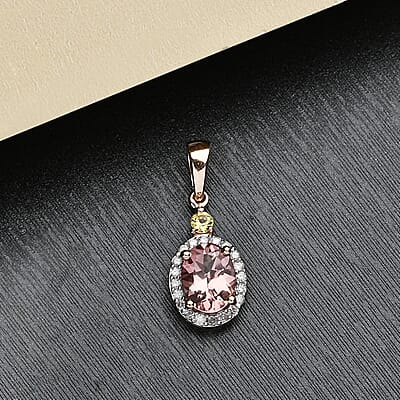 Luxoro 10K Rose Gold Premium Natural Blush and Canary Tourmaline and Diamond Halo Pendant 2.50 ctw