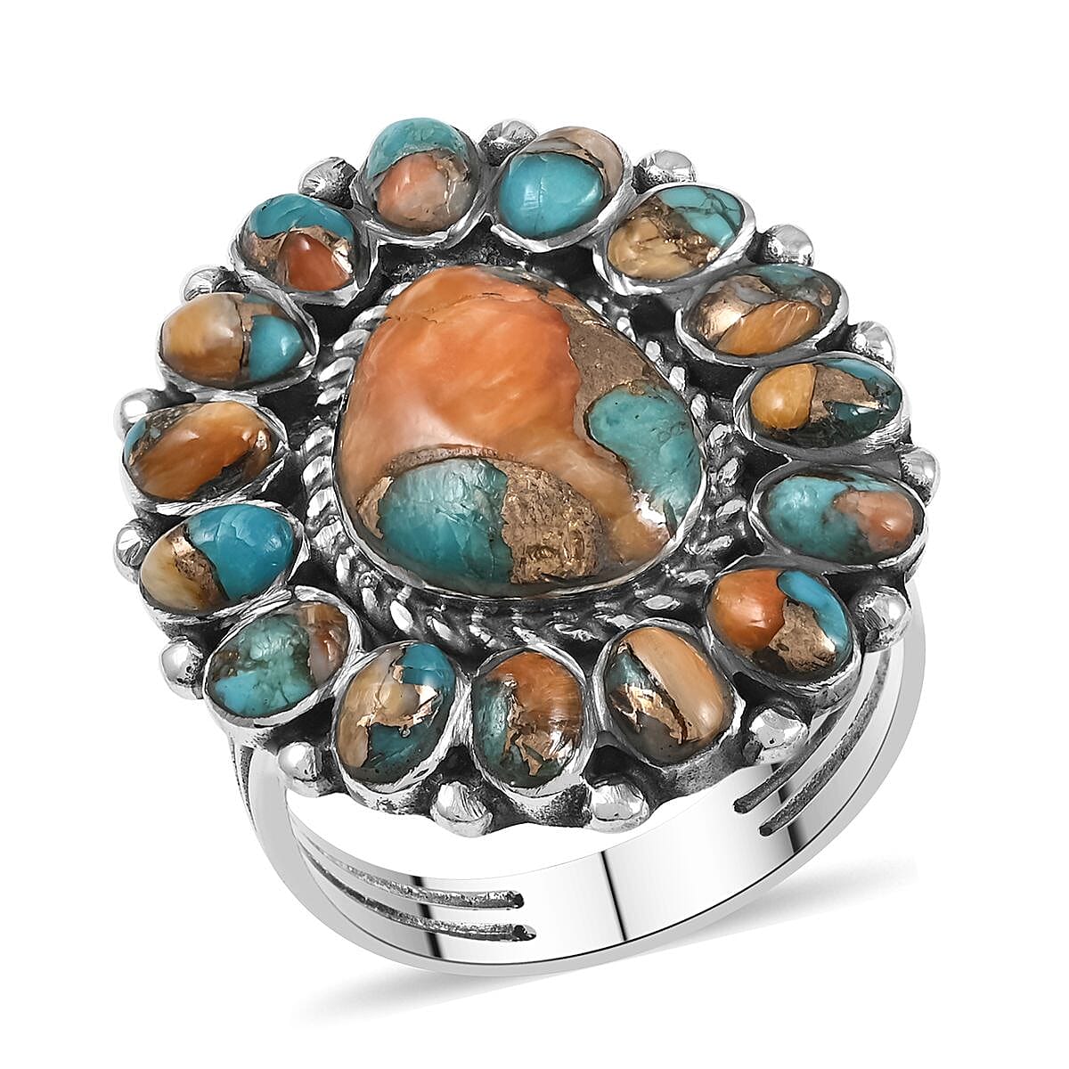Santa Fe Style Spiny Turquoise Ring in Sterling Silver (Size 7.0) 1.00 ctw