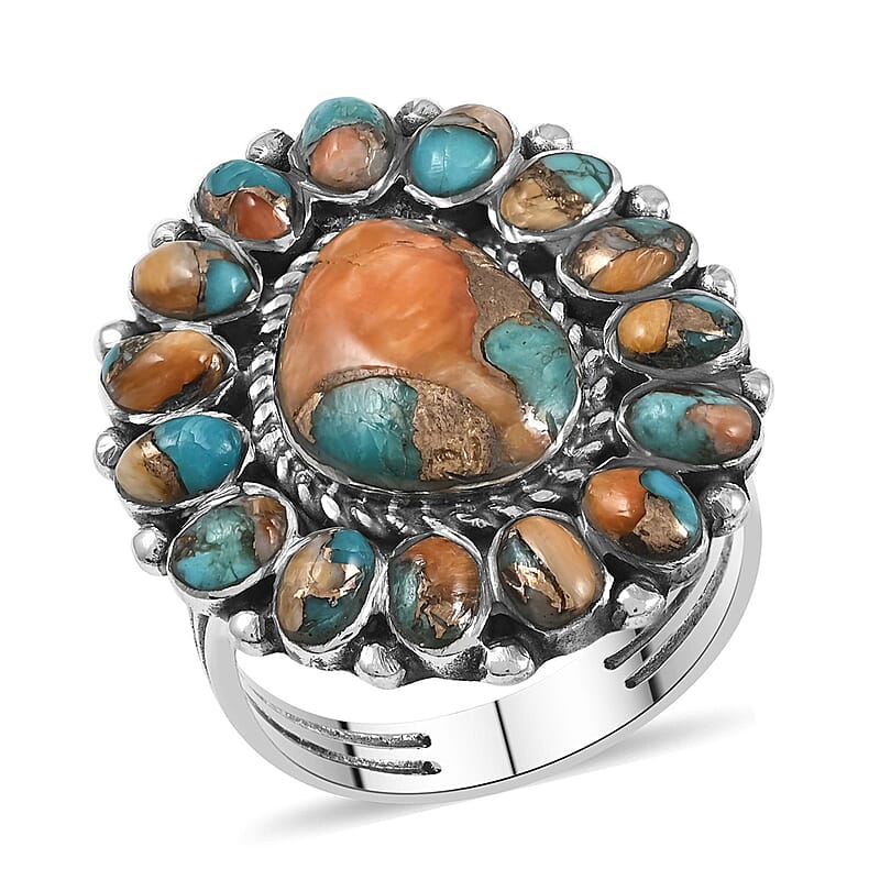 Santa Fe Style Spiny Turquoise Ring in Sterling Silver (Size 7.0) 1.00 ctw