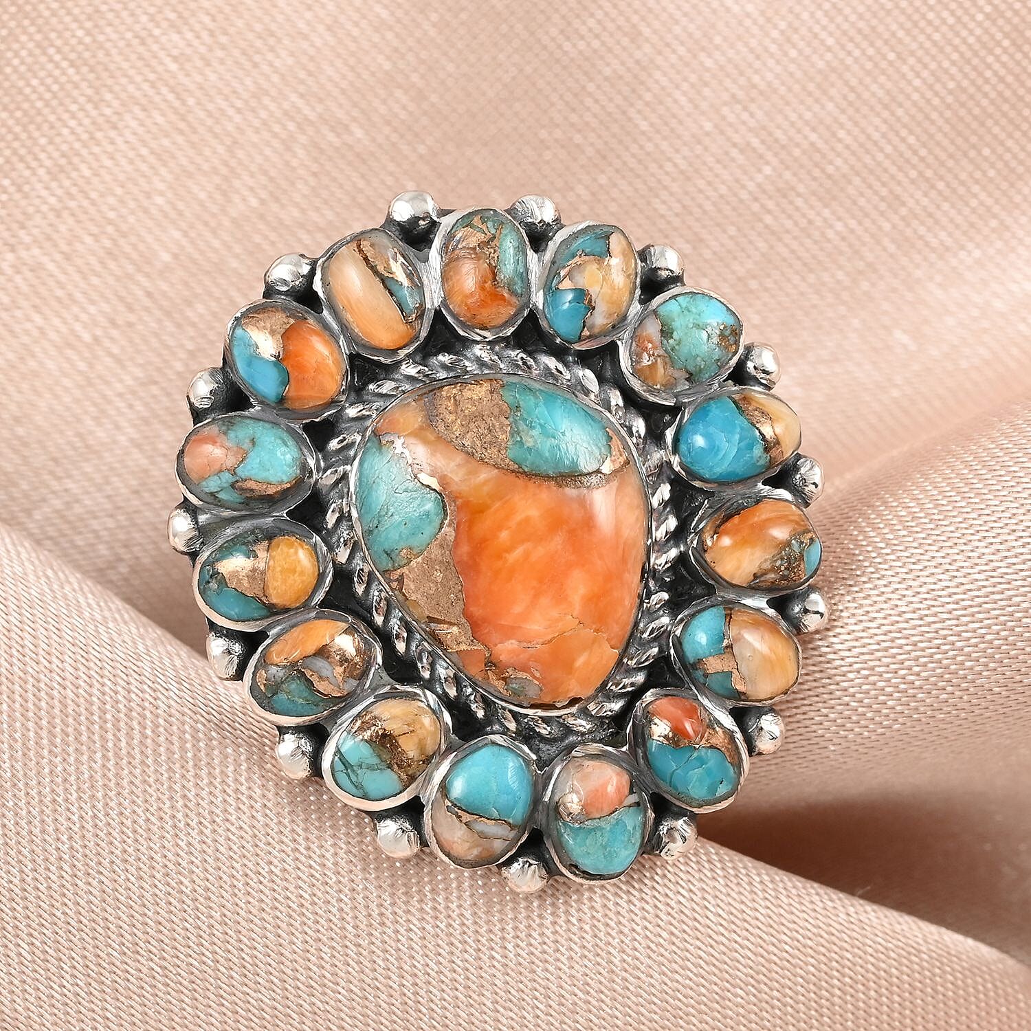 Santa Fe Style Spiny Turquoise Ring in Sterling Silver (Size 7.0) 1.00 ctw
