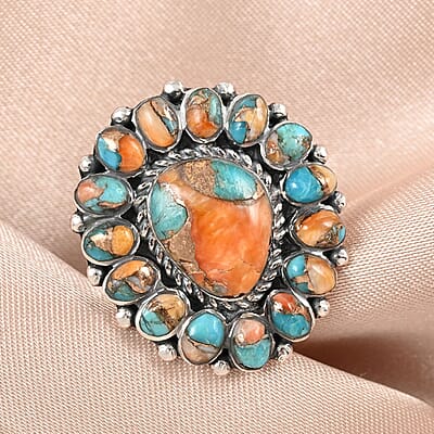 Santa Fe Style Spiny Turquoise Ring in Sterling Silver (Size 7.0) 1.00 ctw